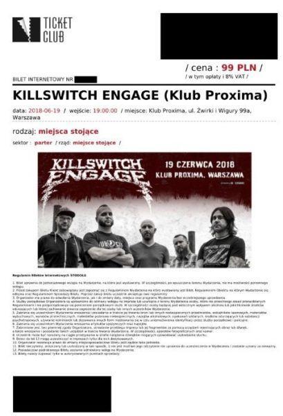 2 bilety na Killswitch Engage w klubie Proxima, 19.06.2018r