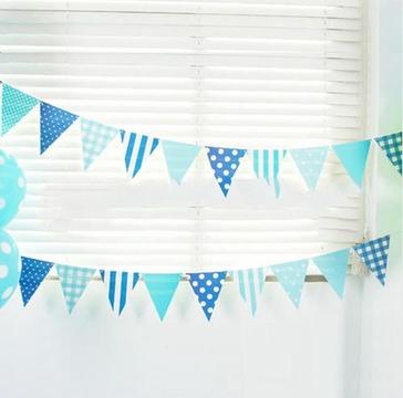 Chrzciny urodziny baby shower - chorągiewki dekoracja niebieska