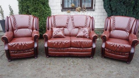 Komplet wypoczynkowy, kanapa + fotele włoska skóra licowa. Stan IDEALNY. Dowóz