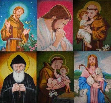Obraz rysunek pastele - święty Franciszek Jezus św. Antoni Charbel Maryja Józef Teresa