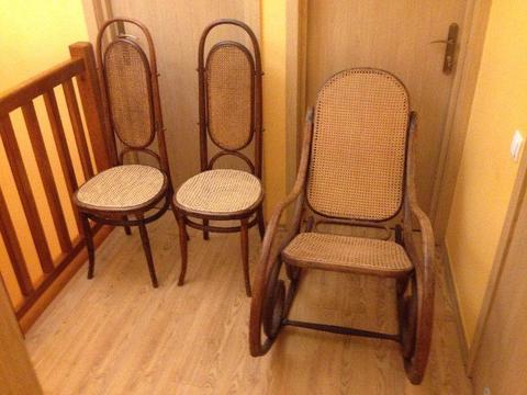 Drewniany fotel bujany + krzesła - Stan dobry - Cena do negocjacji