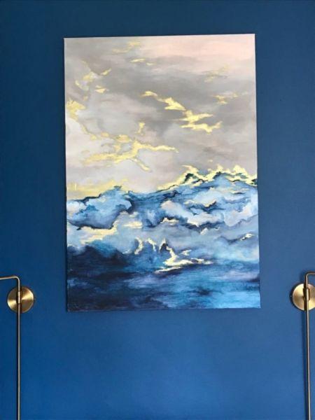 Obraz abstrakcja, niebo, złoty, niebieski, akryl, 100x70 cm