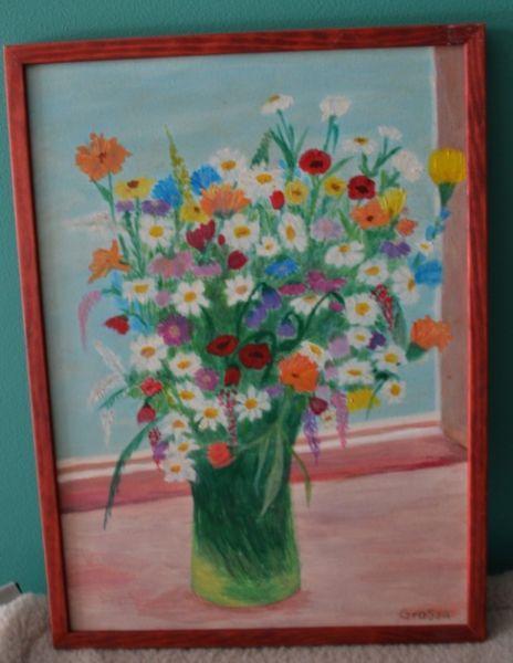 Obraz olejny na desce, wazon z polnymi kwiatami, oprawiony