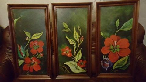 3 obrazy seria Czerwone Kwiaty w drewnianych ramach