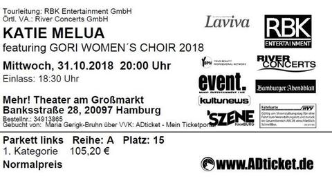 Katie Melua - 2 bilety, Hamburg, 31.10.2018, Mehr! Theater, Rząd A!