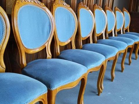 ZESTAW 8 krzeseł stylowe medaliony błękit szary LUDWIK