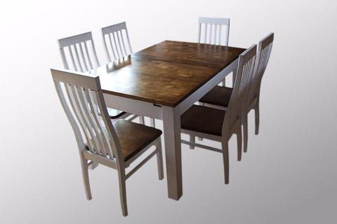 Stół w 2-uch kolorach biały i dąb 160/90 cm roz. do 250 cm i 6 krzeseł