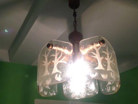 Żyrandol / lampa sufitowa, wisząca, retro, vintage, drewno, szkło