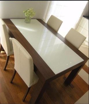 Stół do jadalni wenge ze wstawką ze szkła lakierowanego białego