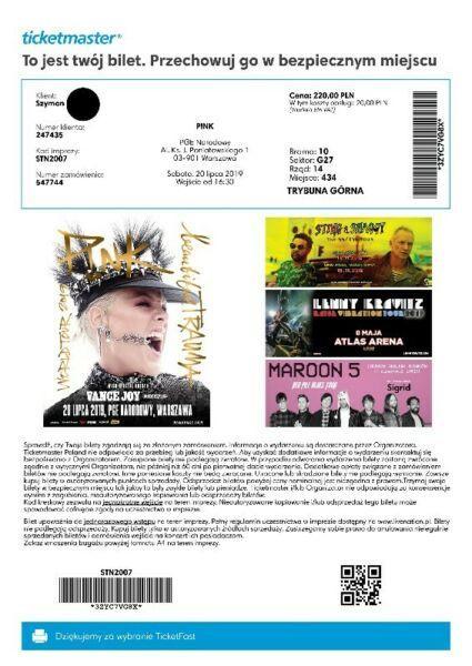2 bilety * koncert PINK * Warszawa 20.07.2019