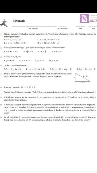 Matematyka kl 7 GWO - testy, sprawdziany, odpowiedzi